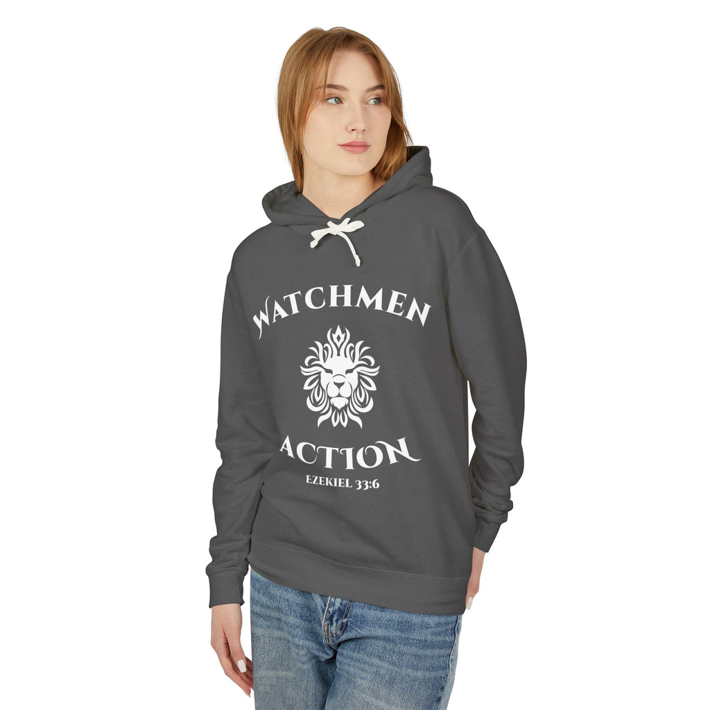 Watchmen Action Hoodie — Ladies Lion Crest Scripture Hoodie (Ezekiel 33:6)