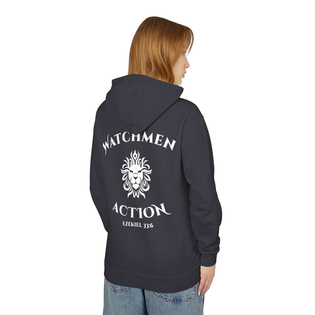 Watchmen Action Hoodie — Ladies Lion Crest Scripture Hoodie (Ezekiel 33:6)