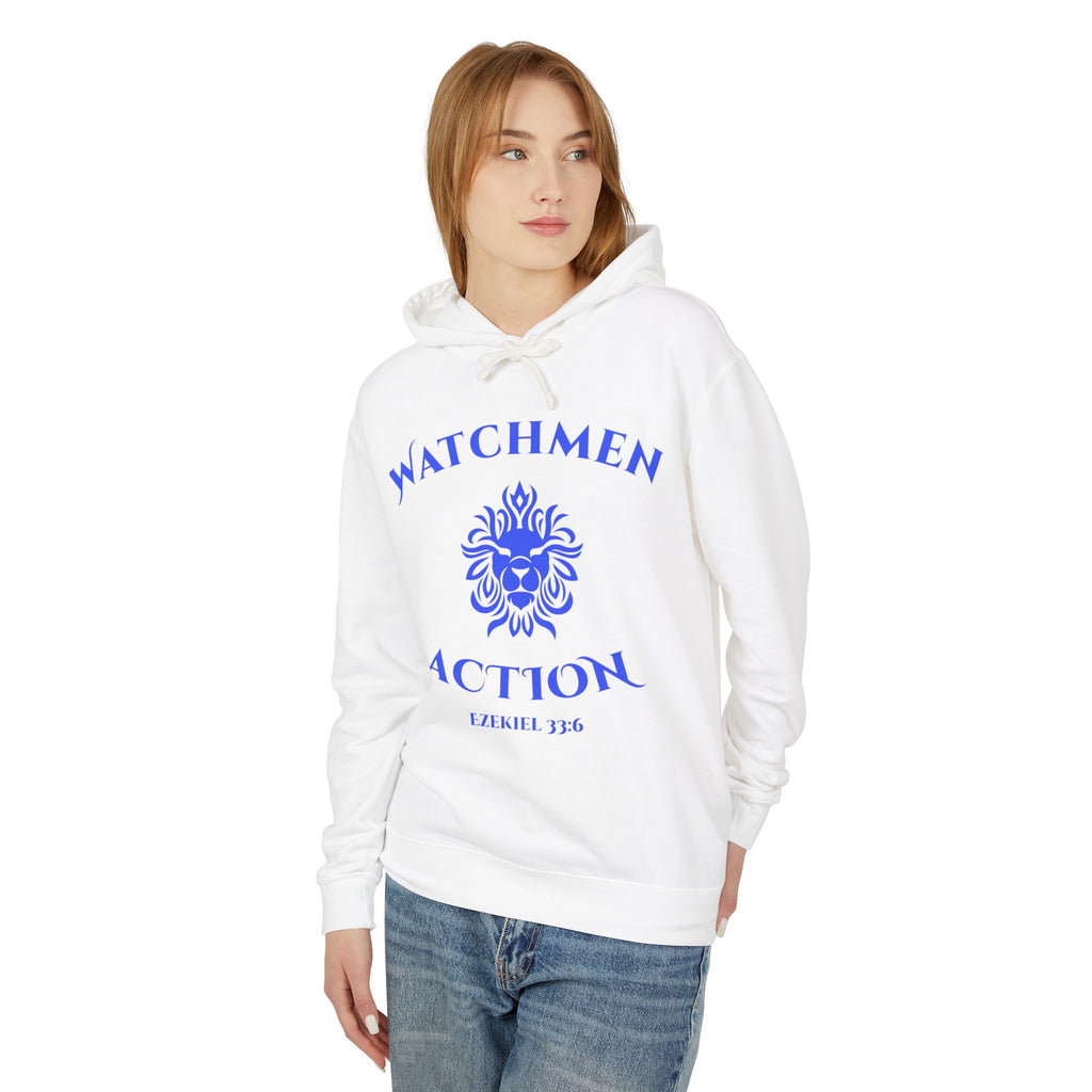 Watchmen Action Hoodie — Ladies Lion Crest Scripture Hoodie (Ezekiel 33:6)