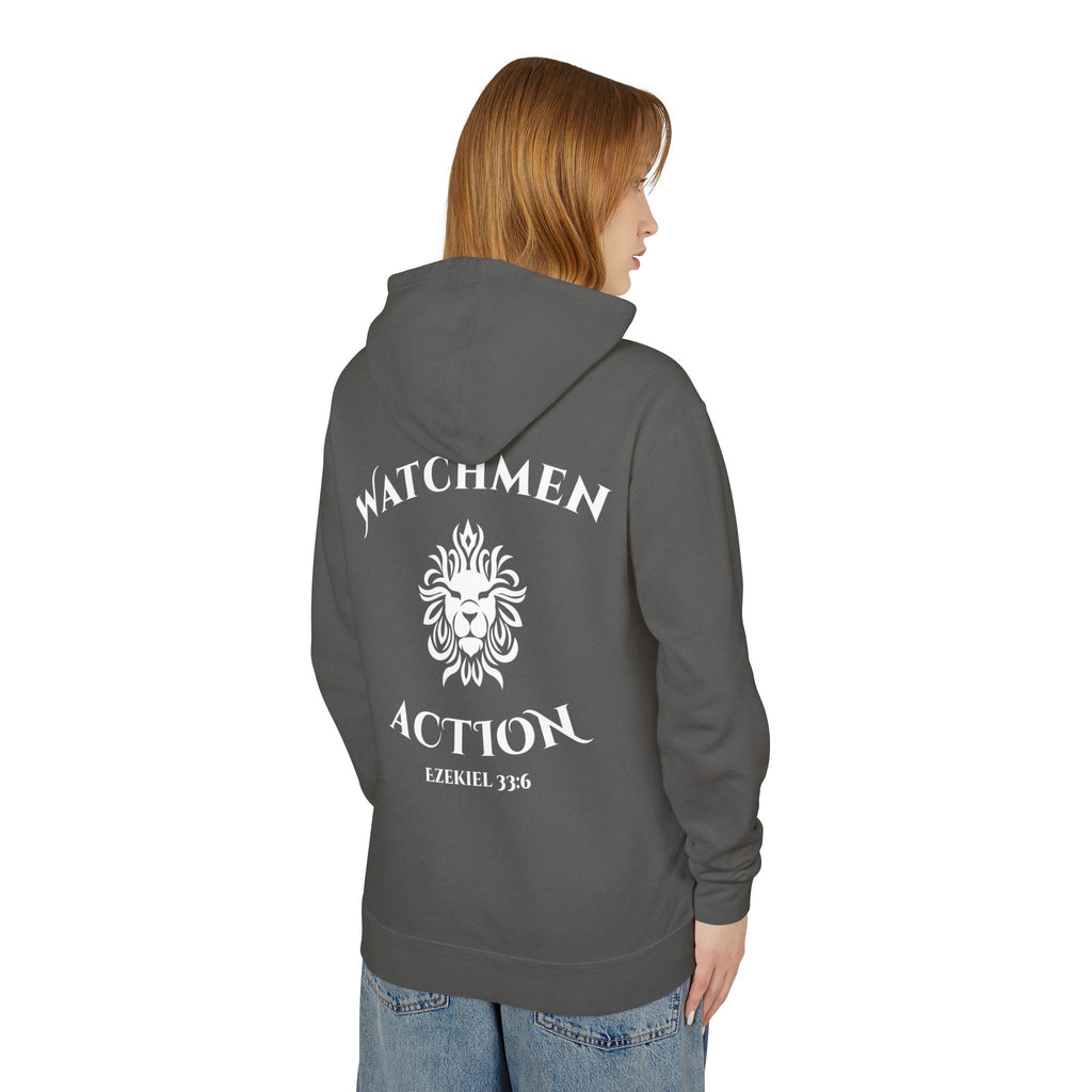 Watchmen Action Hoodie — Ladies Lion Crest Scripture Hoodie (Ezekiel 33:6)