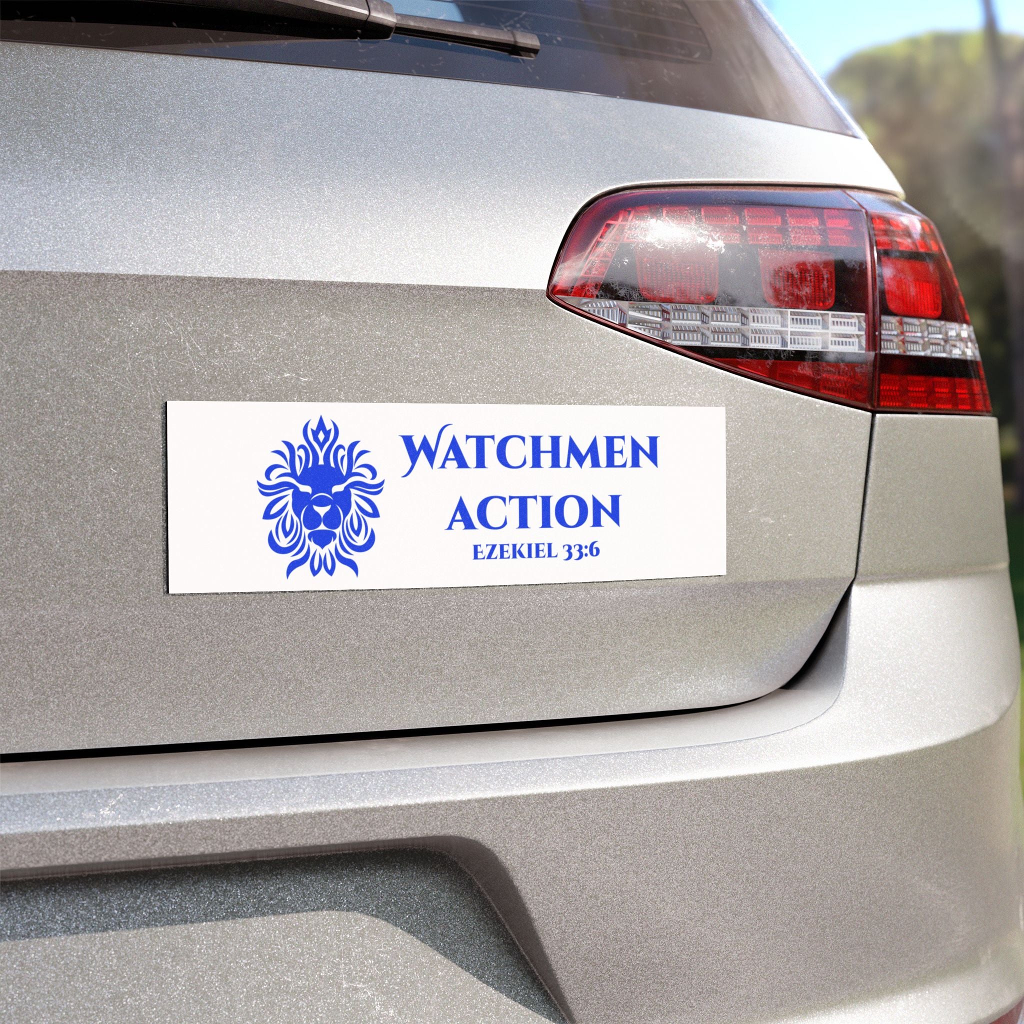 Watchmen Action Car Magnet — "Ezekiel 33:6" Blue Lion Bumper Sticker
