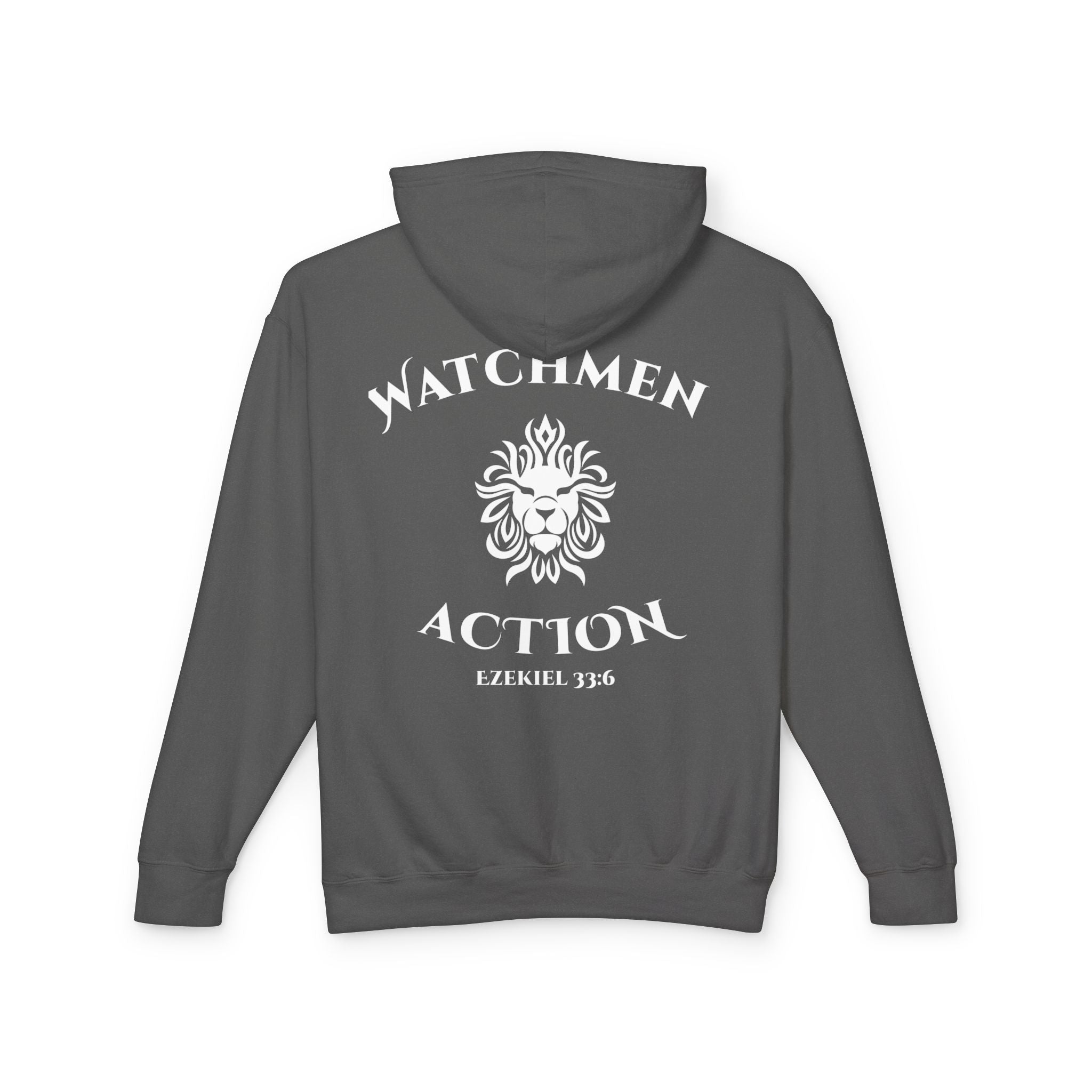 Watchmen Action Hoodie — Ladies Lion Crest Scripture Hoodie (Ezekiel 33:6)