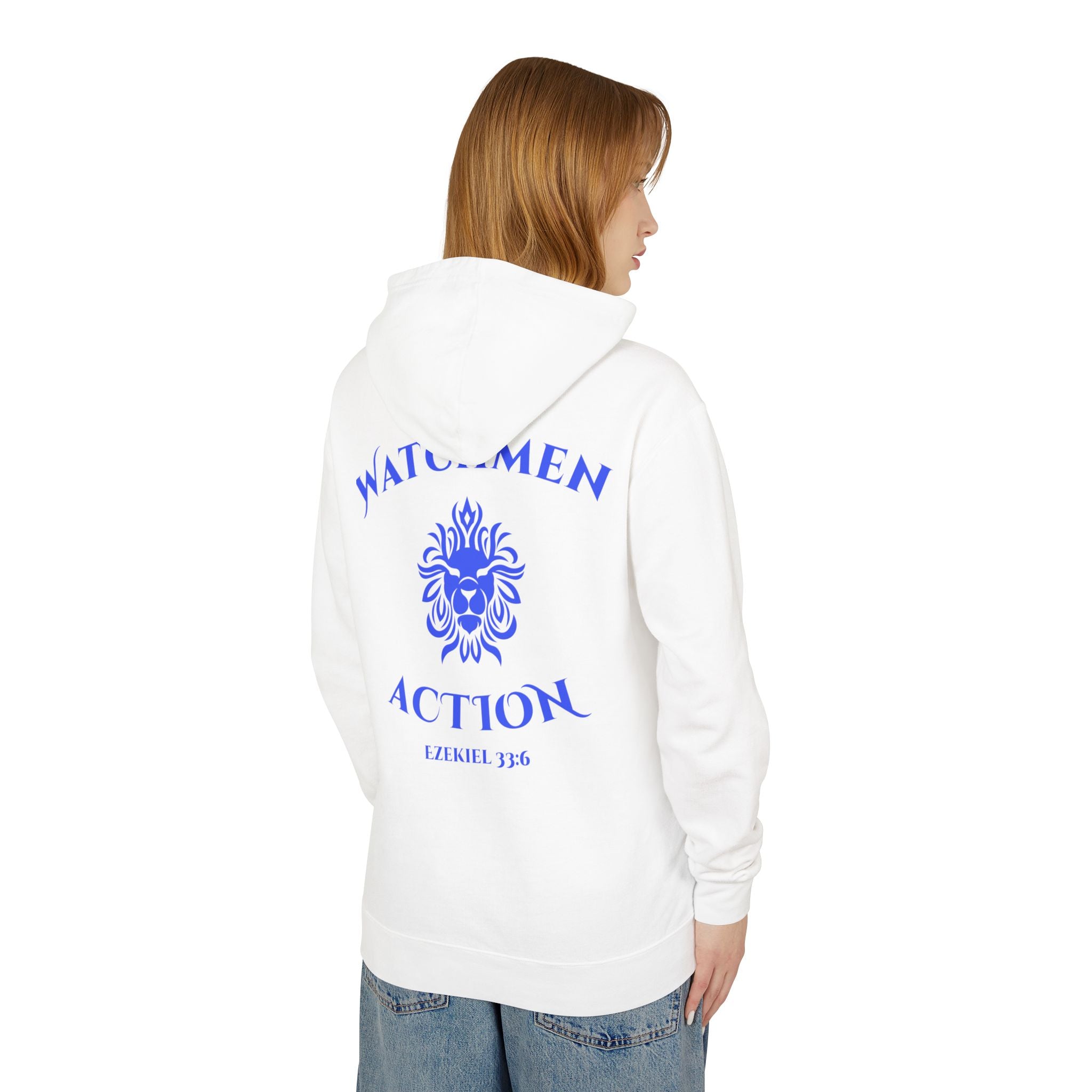 Watchmen Action Hoodie — Ladies Lion Crest Scripture Hoodie (Ezekiel 33:6)