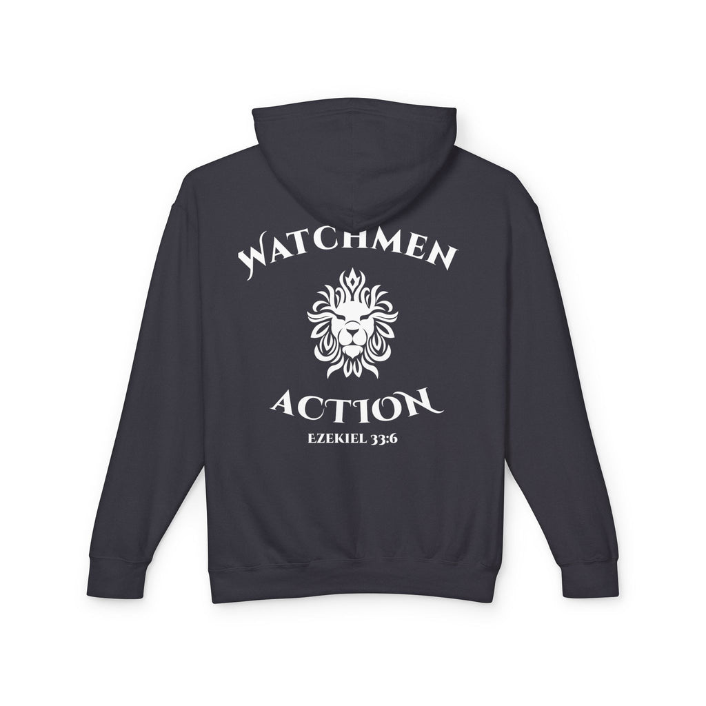 Watchmen Action Hoodie — Ladies Lion Crest Scripture Hoodie (Ezekiel 33:6)