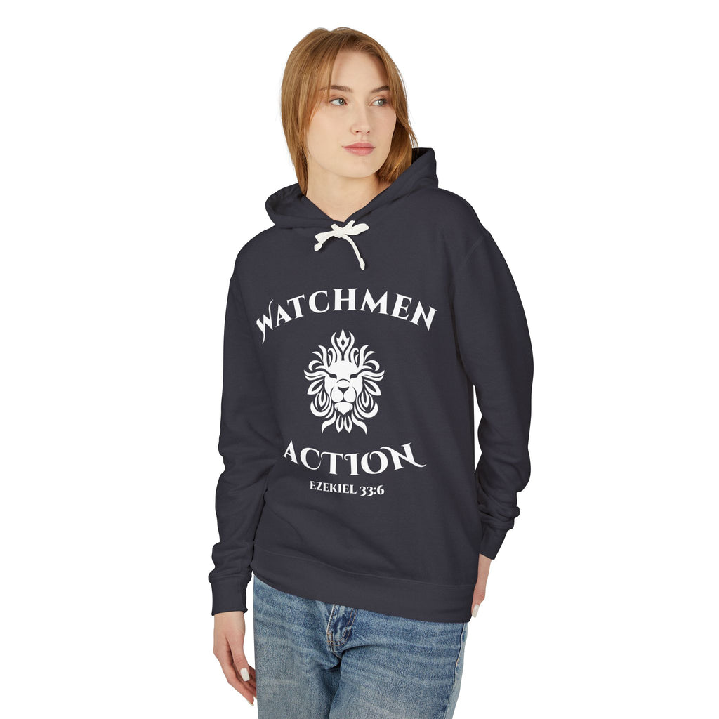 Watchmen Action Hoodie — Ladies Lion Crest Scripture Hoodie (Ezekiel 33:6)